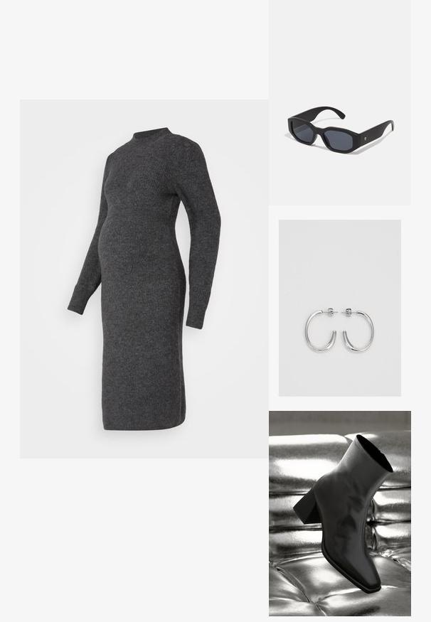 Vestido de maternidade cinza, tricotado, com mangas longas, textura canelada, decote alto e moldagem ajustada, atingindo a altura da metade da panturrilha.; Botim preto de tornozelo feito de material brilhante, com bico quadrado e salto afunilado, posicionado contra um fundo prateado brilhante com detalhes acolchoados.; Óculos de sol pretos com armação retangular, acabamento mate, lentes escuras e hastes ligeiramente curvas. Detalhe de logótipo subtil numa das hastes.; Brincos de argola prateados com um acabamento suave e brilhante. Forma arredondada, design leve, com fecho de pino.