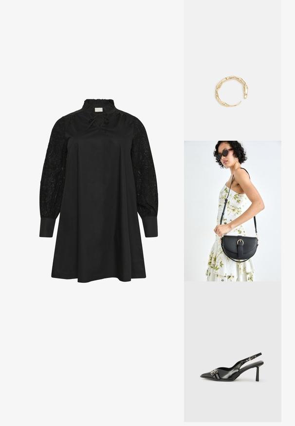 Kaffe Curve MYNTHIA - Vestito casual - black deep; Scarpa slingback in vernice nera con punta affusolata, cinturini alla caviglia con fibbie in argento e accessori, e tacco sottile.; Borsa a tracolla nera in pelle con una forma curva, manico rimovibile e accessori dorati. La borsa presenta una patta con un dettaglio a fibbia.; Anello in tono oro con un design organico e Twisted, caratterizzato da una superficie liscia e punte affusolate, che crea un aspetto moderno e scultoreo.