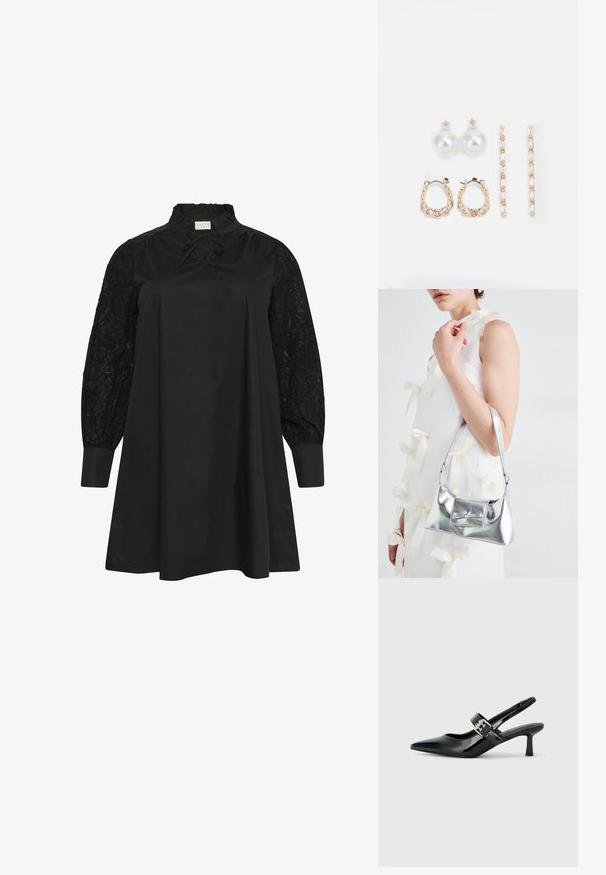 Kaffe Curve MYNTHIA - Rochie de zi - black deep; Sandale cu toc din piele patent neagră, cu vârful ascuțit și un toc mic bloc, având un accent cu cataramă argintie pe curea.; Geantă metalică argintie cu o formă structurată, având un mâner superior și un detaliu sub formă de fundă pe față. Textură netedă, finisaj reflexiv.; Trei perechi de cercei: cercei cu perle albe mari, cercei tip cerc din aur cu pietre clare și două cercei lungi, drepți, din aur cu detalii strălucitoare.