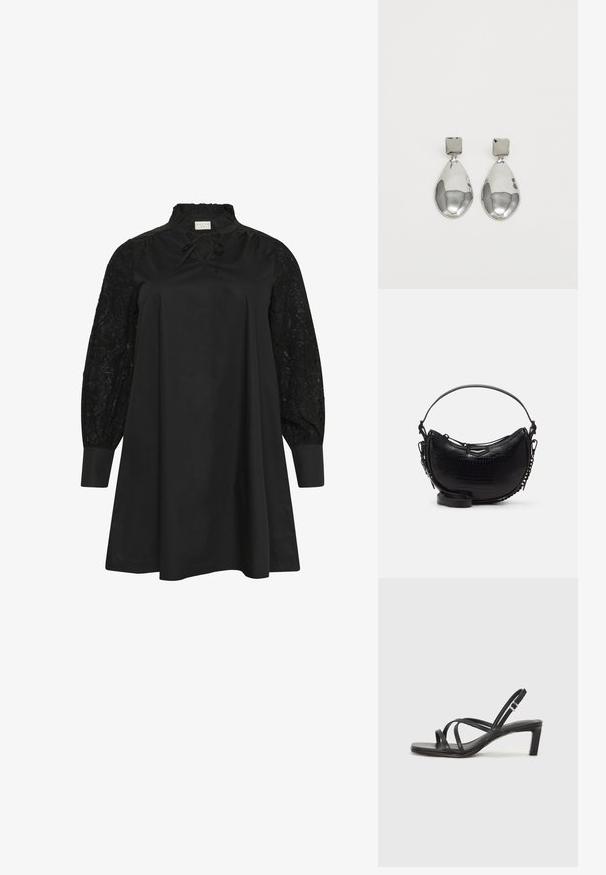 Kaffe Curve MYNTHIA  - Nappali ruha - black deep; Fekete pántos szandál négyzetes orral és alacsony blokk sarkal. Több vékony pánttal és állítható boka pánttal rendelkezik. Sima bőrből készült.; Fekete krokodilbőr hatású kézitáska ívelt formával, levehető vállpánttal és egy elegáns fém díszítéssel az elején.; Ezüst csepp fülbevalók négyzet alakú fülbevalóval, sima, fényes felülettel és csepp formával, amely fényt tükröz egy fényes felületen.
