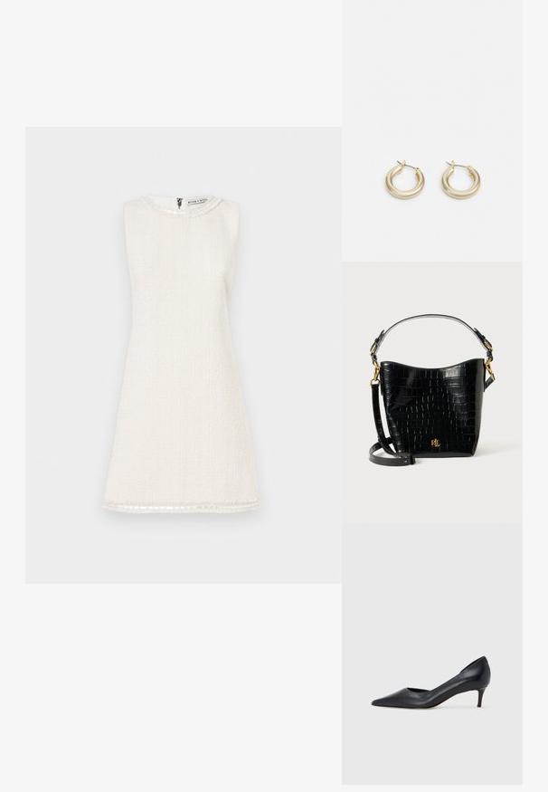 Vit ärmlös klänning med en texturerad tyg, rund halsringning och en utsvängd silhuett. Har en diskret fransad fåll och dragkedja bak.; Svart läderpumps med spetsig tå och låg klack. Har en slät textur och subtil glans. Öppet utskuret fram för extra detalj.; Svart krokodilpräglad läderväska med en bågformad design, guldfärgade detaljer, en justerbar rem och en logodetalj framtill.; Lauren Ralph Lauren BASIC SMALL HOOP - Örhänge - gold-coloured