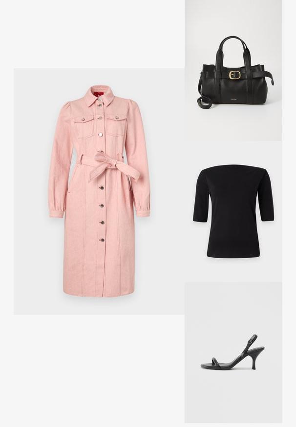 Roze traper haljina s dugim rukavima, kopčanjem sprijeda, dva džepa na prsima, remenom na struku i elastičnim manžetama.; Calvin Klein HALF BOAT NECK - Osnovna majica kratkih rukava - black; Crne kožne sandale na visoku petu s tankom, zakrivljenom petom i dizajnom prekriženih traka. Podesiva traka oko gležnja. Glatka tekstura.; Crna kožna torba s strukturiranim dizajnom, dvostrukim gornjim ručkama, zlatnim kopčom kao naglaskom i utisnutim logotipom marke sprijeda.