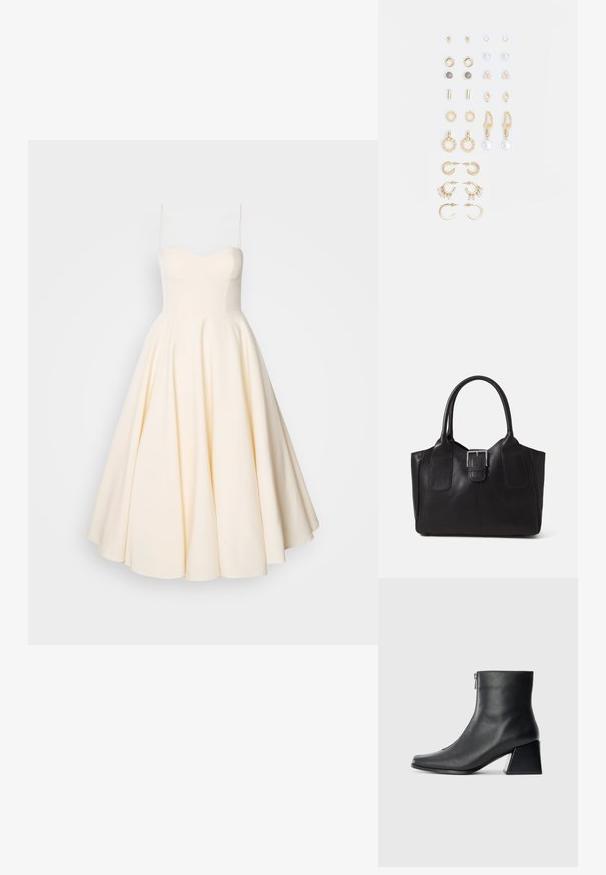 Hihnaiton A-linjainen mekko kermansävyssä, jossa on muotoiltu yläosa, levenevä hame ja sileä pinta. Yksinkertainen ja elegantti muotoilu ilman kuvioita.; Mustat nahka nilkkurit, joissa on nelikulmainen kärki, sivuvetoketju ja lohkarekorko, taustalla vaalea yksinkertainen tausta.; Musta nahkainen olkalaukku, jossa on sileä pinta, ryhdikäs muoto, kaksi kahvaa ja silmienpistävä hopeinen solkiyksityiskohta edessä.; Kultasetti kultaisenvärisiä korvakoruja, jotka sisältävät erilaisia muotoiluita, kuten nappikorviksia, rengaskorviksia ja roikkuvia korviksia, joissa on helmiä ja strasseja.