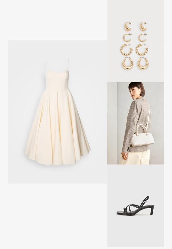 Krém színű A-vonalú pánt nélküli ruha, amely testhez simuló felsőrészből, bővülő szoknyából és sima textúrából áll. Egyszerű és elegáns dizájn, minták nélkül.; Fekete pántos szandál négyzetes orral és alacsony blokk sarkal. Több vékony pánttal és állítható boka pánttal rendelkezik. Sima bőrből készült.; Fehér, strukturált kézitáska rövid füllel és vállpánttal, arany színű fém kiegészítőkkel és texturált anyagból, szürke háttér előtt bemutatva.; Öt darab arany fülbevaló szett, különböző mintákkal: csavart, bordázott és sima felületek karika és félhold formákban.
