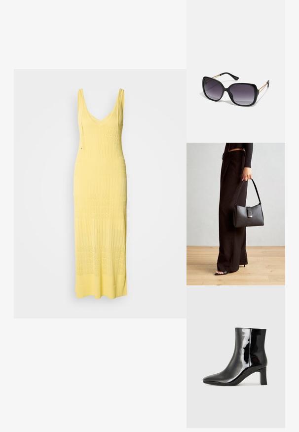 Trikotna maksi obleka v svetlo rumeni barvi z V-izrezom in nastavljivimi trakovi. Ima strukturiran print z izmeničnimi odseki.; Črne lakirane gležnjarje z ošiljenim nosom in srednje visokim blokastim peto. Gladka tekstura in minimalističen dizajn.; Črne prevelike sončne očala z degradacijskimi lečami, debelimi okvirji in zlatimi verižicami na ročajih.; Črna torbica z strukturirano obliko, gladko teksturo in kovinskim zaponko. Ujemajo se z širokimi črnimi hlačami in odprtimi sandali na lesenem tleh.
