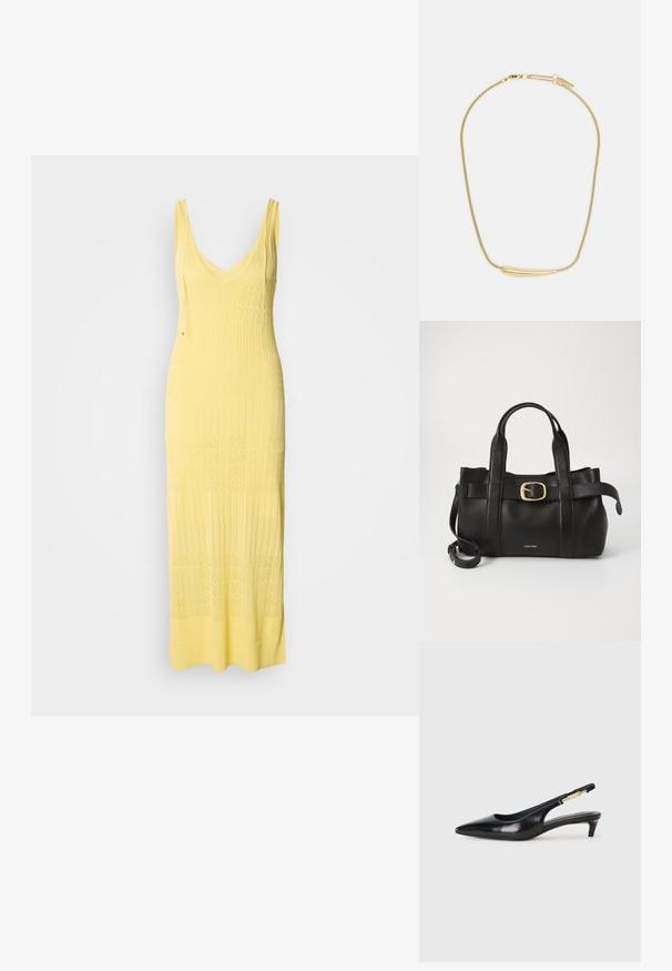 Kötött maxiruha világos sárgában, V-kivágással és állítható spagetti pántokkal. Texturált minta jellemzi, váltakozó szekciókkal.; Fekete bőr slingback magassarkúk, hegyes orral, vékony sarkakkal és arany színű részlettel a állítható pánton. Simа felület.; Fekete bőr kézitáska, amely strukturált kialakítással rendelkezik, dupla felső fogantyúval, arany tónusú csattal és a márka dombornyomott logójával az elején.; Aranyozott nyaklánc sima, ívelt középső díszítéssel. Rugalmas lánccal rendelkezik, homárzárral és további állítható láncszemekkel.