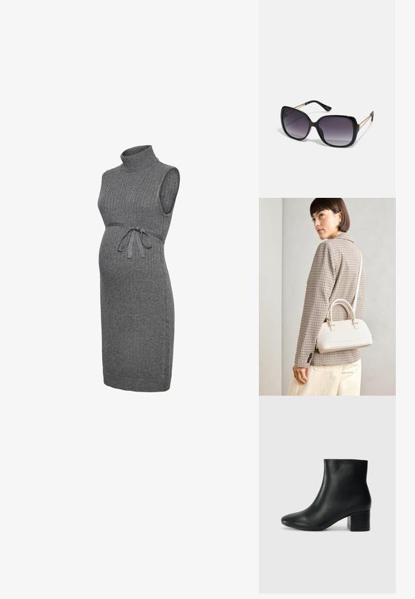 Siva pletena nosečniška obleka z rebrastim vzorcem, visokim ovratnikom, brezrokavnikom in nastavljivim trakom v pasu za prileganje. Enakomerna gladka tekstura po celotni obleki.; Črne usnjene gležnjarje s koničastim nosom in debelim peto. Gladka tekstura z minimalnimi detajli in eleganten, prilegajoč dizajn.; Črne prevelike sončne očala z degradacijskimi lečami, debelimi okvirji in zlatimi verižicami na ročajih.; Bela strukturirana torba z kratkimi ročaji in naramnim trakom, z zlatimi okrasnimi elementi in teksturiranim materialom, prikazana na sivi podlagi.