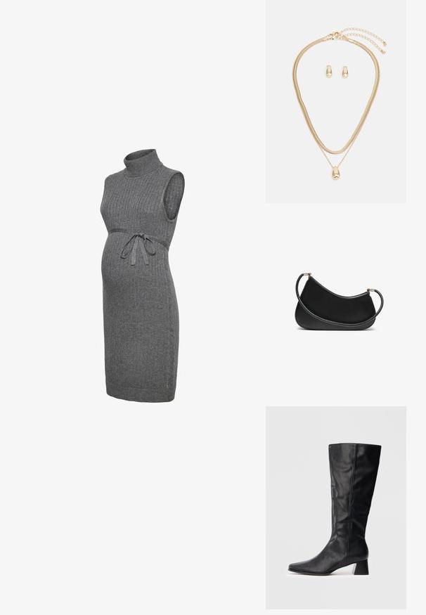 Grå ribbestrikket graviditetskjole med høy hals, ermeløs design og justerbar knytebelte i midjen for passform. Jevn tekstur over hele kjolen.; Svart lærstøvel til midt på leggen med spiss tå og blokkhels på enkel lys bakgrunn.; Svart lær skulderveske med en buet design, med en teksturert stropp og gullfarget hardware på toppen av lukningen. Glatt finish.; Gullfarget smykkssett med et lagdelt halskjede med en tåreformet anheng og matchende stikkere, alt i en polert finish.