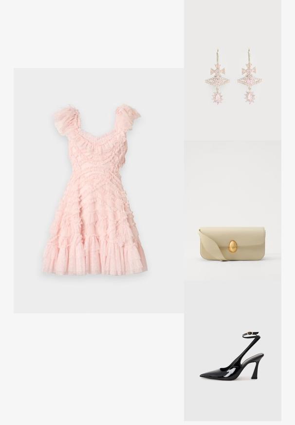 Rožinė suknelė, pagaminta iš sluoksniuoto, raukšlėto tiulio. Ji turi trumpas frillias rankoves ir prisitaikantį korpusą, baigiasi plačiu sijonu.; Juodai lakuoti slingback aukšti kulniukai su smailiu nosiu, reguliuojama čiurnos juostele ir vidutinio dydžio blokiniu kulnu. Lygus paviršius su blizgiu apdaila.; Bežinė odinė rankinė su lygiu paviršiumi, stačiakampio formos ir auksiniu ovaliu užsegimu. Yra ilga, reguliuojama petneša.; Rožinės spalvos brangakmenių auskarai su lankelio dizainu, turintys sluoksniuotą struktūrą ir blizgančias akcentus; metaliniai komponentai išlaiko poliruotą apdailą.