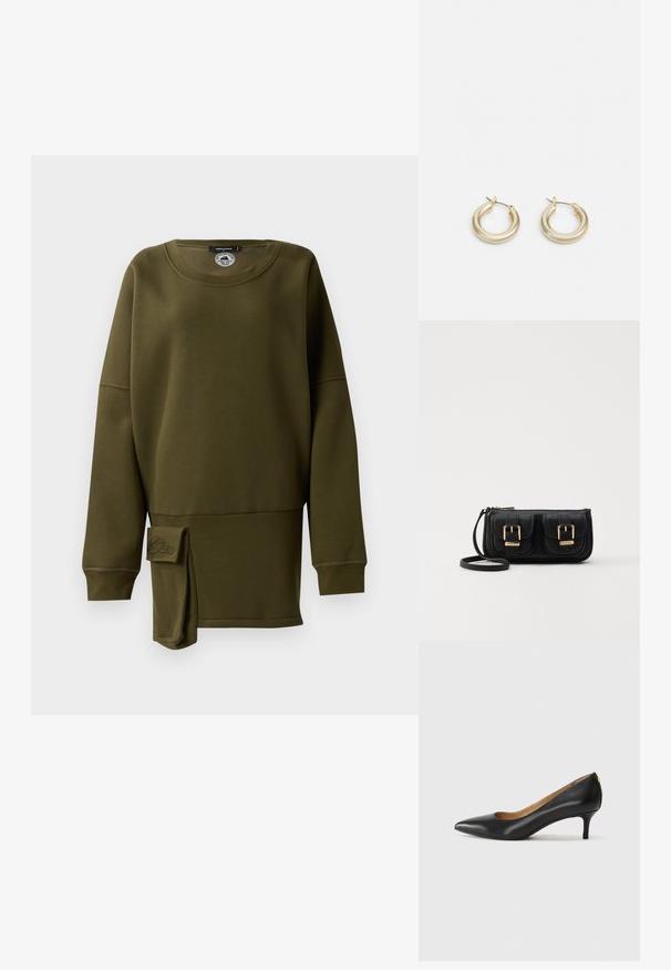 Oliivroheline stretching, pehme materjal, ümar kaelus, pikad varrukad, külgavahega, kangakujundusega, madalal ees emakorda broderingitud logo detail.; Must musta musta, millel on terav nina, madal konts ja sile tekstuur. Omab pisut avatud osa ees ja minimaalset riistvara taga.; Must küllastamata nahast õlakott, millel on kaks esist nähtavat taskut, kuldsed pandlad, tõmblukuga sulgemine ja peen rihm. Tekstuuriga pind ja kompaktne ristkülikukujuline kuju.; Lauren Ralph Lauren BASIC SMALL HOOP - Kõrvarõngad - gold-coloured
