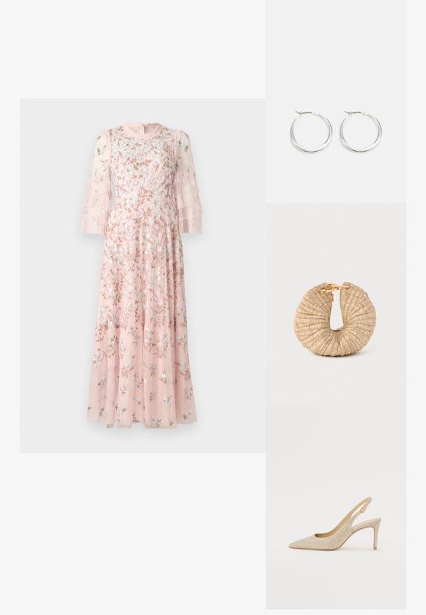 Needle & Thread EVERETT BLOOM ROUND NECK GOWN - Gallakjole - light pink; Spidse slingback-sko i metallisk guld-stof med subtil tekstur, der har en slank hæl og en rund lukning ved anklen.; Cult Gaia UBAH - Clutches - wheat; Sølv hoops øreringe har et glat, afrundet design med en slank profil og sikker spænde. Minimalistisk stil med en poleret finish.