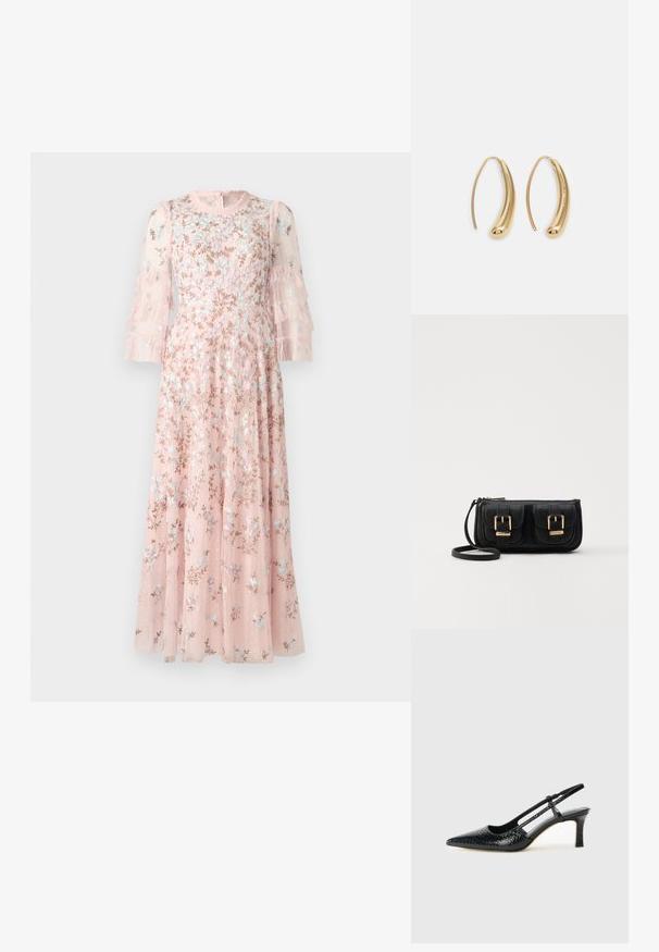 Needle & Thread EVERETT BLOOM ROUND NECK GOWN - Oblačila za posebne priložnosti - light pink; Črne lakaste slingback pete s koničastim nosom, ki imajo teksturiran vzorec kačje kože, nastavljiv trak in kratek teksturiran blok peto.; Črna usnjena torbica čez ramo z dvema sprednjima žepoma, zlatimi zaponkami, zadrgo in ozkim pasom. Tekstura površine je strukturirana, obliko pa ima kompaktno pravokotno.; Zlato-tonirani kovinski uhani v obliki obroča s krivuljo in podolgovato obliko. Imajo gladko, sijočo površino in zaobljen vrh za dodaten detajl.
