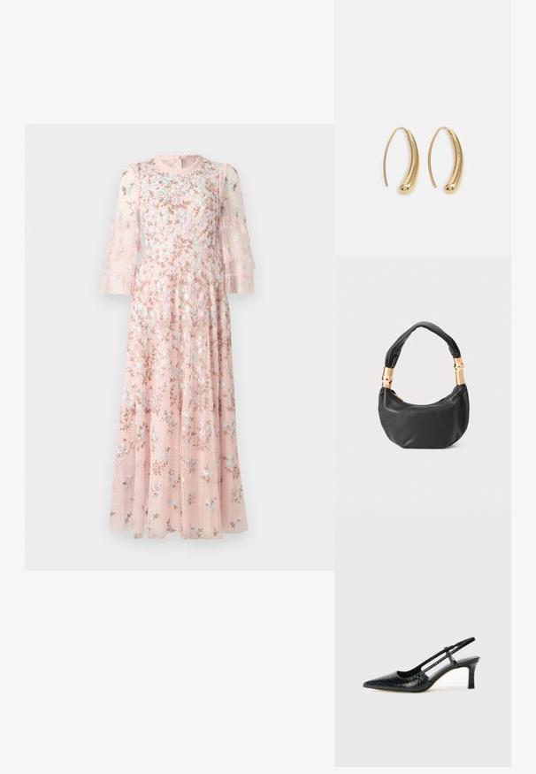 Needle & Thread EVERETT BLOOM ROUND NECK GOWN - Galajurk - light pink; Zwart patent slingback hak met een spitse neus, voorzien van een gestructureerde slangenprint, verstelbare band en een korte, gestructureerde blokhak.; Zwarte leren handtas met een ronde vorm, zachte textuur en een geknoopt handvat met gouden hardware accenten. Met rits sluiting.; Gouden metalen oorbellen in de vorm van een gebogen, verlengde hoop. Kenmerkend zijn het gladde, glanzende oppervlak en de afgeronde punt voor extra detail.