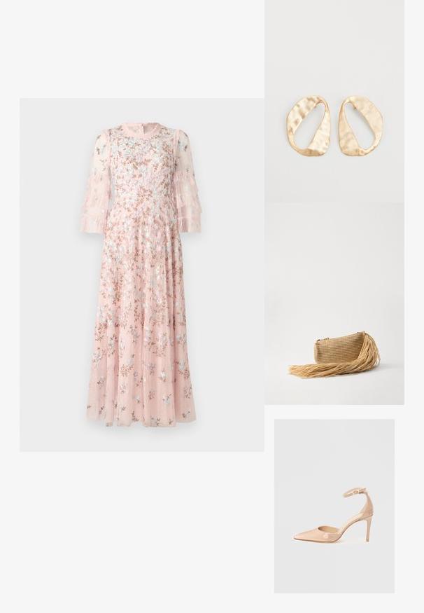 Needle & Thread EVERETT BLOOM ROUND NECK GOWN - Abiti per occasioni speciali - light pink; Scarpa nuda in pelle verniciata con punta a stiletto, cinturino alla caviglia e tacco alto, caratterizzata da una superficie liscia e un design minimalista.; Cult Gaia VIERA - Pochette - natural; Un paio di orecchini in metallo di tonalità dorata, di forma ovale irregolare, con superficie texturizzata e leggermente martellata, su uno sfondo bianco.