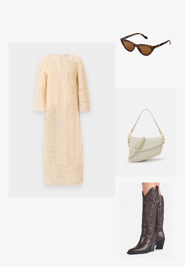 Licht beige jurk met ingewikkelde kantdetails langs de mouwen en zijkanten, met een ontspannen pasvorm en een subtiele V-hals.; Bruine leren cowboylaarzen met een spitse neus en blokhak, voorzien van gedetailleerde stiksels en verhoogde accenten op de schacht.; Cat-eye zonnebril met een zwart en oranje schildpadframe, bruine lenzen en slanke, puntige uiteinden. Bevat een minimalistisch logo op de poot.; Kleine crèmekleurige handtas met een textuurafwerking, een lange verstelbare schouderband, een kettingaccent en een klepsluiting. Gouden hardware-details.