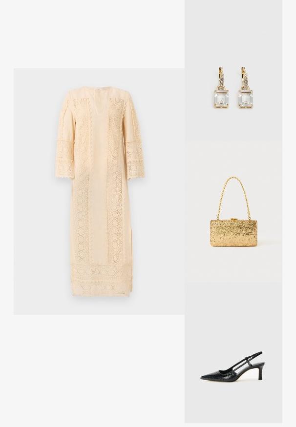 Šviesiai kreminė suknelė su išsamiais nėriniais aplink rankoves ir šonus, laisvo kirpimo ir subtiliu V formos iškirpimu.; Juodai lakuoti slingback aukštakulniai su smailiu nosiu, su tekstūruotu gyvatės raštu, reguliuojama juosta ir trumpu, tekstūruotu blokiniu kulnu.; Auksinė blizgučių rankinė, stačiakampio formos, su susuktos grandinėlės rankena ir metaliniu užsegimu, atspindinti šviesą su tekstūruotu paviršiumi.; Auksinės spalvos auskarai, kuriuose yra stačiakampis, skaidrus kristalas, kabantis po eile mažų, apvalių skaidrių akcentų. Šiuolaikiškas, modernus dizainas.