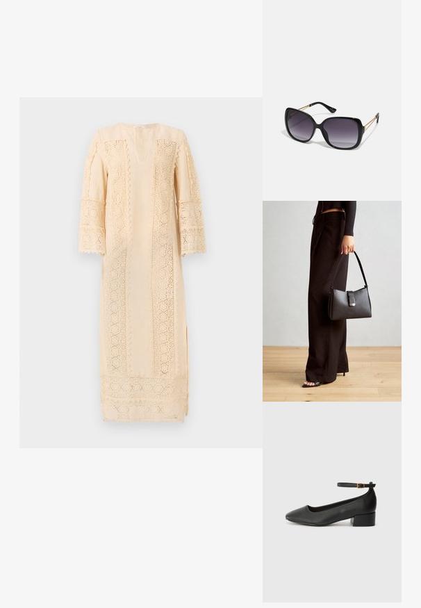 Light beige dress featuring intricate lace detailing along the sleeves and sides, with a relaxed fit and a subtle V-neckline.; Black leather pump with a pointed toe and a low block heel. Features an ankle strap with a gold-tone buckle. Smooth texture.; Black oversized sunglasses with gradient lenses, thick frames, and gold-tone chain detailing on the temple arms.; Black handbag with structured shape, smooth texture, and a metallic clasp. Paired with wide black pants and open-toe sandals on wooden floor.