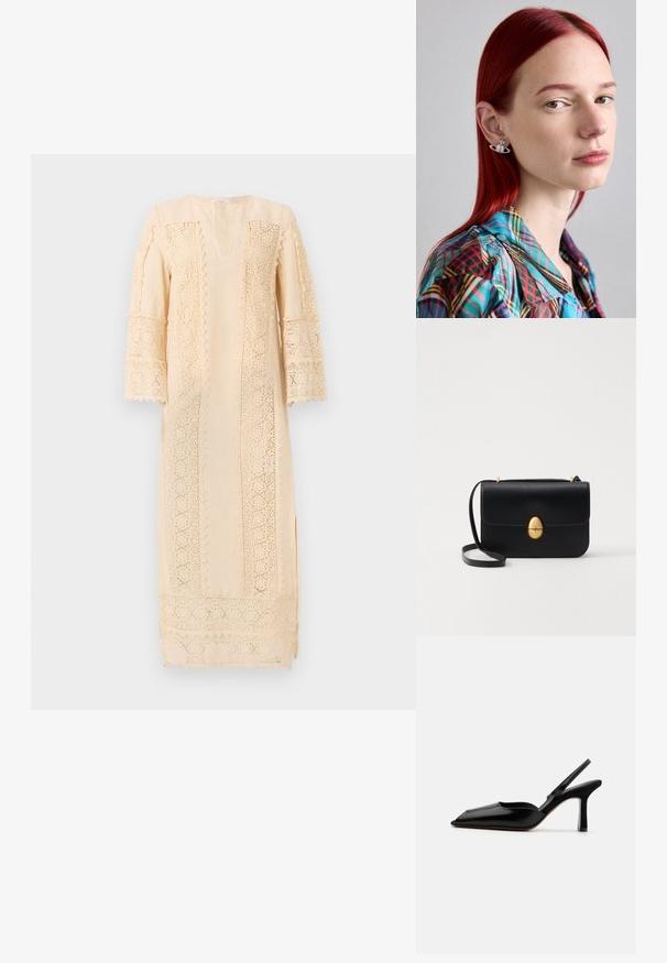 Rochie bej deschis, cu detalii intricate din dantelă pe mâneci și pe laterale, având o croială lejeră și un decolteu V subtil.; Sandale din piele neagră cu toc, cu vârf ascuțit, design minimalist, curea subțire la gleznă și toc subțire elegant. Textură netedă.; Geantă de mână din piele neagră, cu o formă rectangulară structurată. Are un capac oval auriu și o curea subțire pentru umăr. Textură netedă.; Cercei argintii în formă de Saturn, cu detalii intricate. Purtătoarea are părul lung și roșu și poartă o cămașă colorată cu carouri.