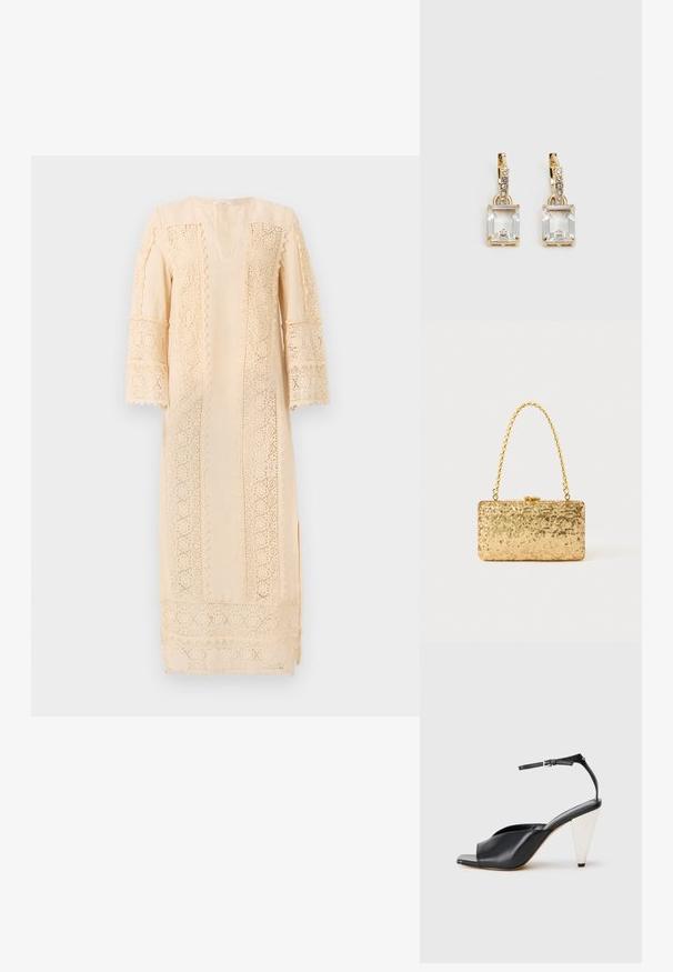 Hellbeiges Kleid mit filigranen Spitzendetails an den Ärmeln und Seiten, in lockerer Passform und mit einem dezenten V-Ausschnitt.; Schwarze Leder-Hochzehen-Sandale mit offener Zehe, asymmetrischem Design, Knöchelriemen und metallic kegelförmigem Absatz. Glatte Textur über das gesamte Produkt.; Goldene Pailletten-Clutch mit rechteckiger Form, ausgestattet mit einem gedrehten Kettenhenkel und einem Metallverschluss, der das Licht mit einer strukturierten Oberfläche reflektiert.; Ohrringe in Goldfarbe mit einem rechteckigen, durchsichtigen Kristall, der unter einer Reihe kleiner, runder klarer Akzente hängt. Elegantes, modernes Design.