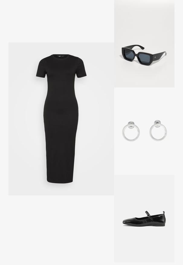 Melns rūdīts maksi vakarkleita ar pieguļošu siluetu, īsām piedurknēm un apaļu kakla izgriezumu. Gluda tekstūra ar pilna garuma dizainu.; Melna patentēta ādas dzīvokļu kurpe ar smailu purngalu, potītes siksniņu ar sprādzi un gludu, spīdīgu tekstūru. Zems papēdis komfortam.; Melnas lielas saulesbrilles ar ģeometrisku dizainu, taisnstūrveida lēcas un spīdīgu apdari. Uz priekša nav redzama zīmola.; Sudraba metāla gredzenveida auskari ar matētu faktūru, ar apaļu dizainu un caurspīdīgu aizdari, lai nodrošinātu drošu valkāšanu.