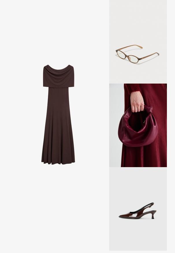 Massimo Dutti LONG STRAPLESS - Pouzdrové šaty - dark brown; Hnědé lakované kožené slingback boty s špičatou špičkou a mírným podpatkem. Disponují přezkou pro bezpečné upevnění. Hladký povrch.; Hnědé želvovinové brýle s oválnými skly, tenkými bočními nohami a průhlednými akcenty. Obsahují decentní logo na stranu. Elegantní, lehký design.; Burgundská kožená kabelka s měkkým, nabíraným designem a zaobleným tvarem. Ucho je zajištěné a vykazuje hladkou texturu.