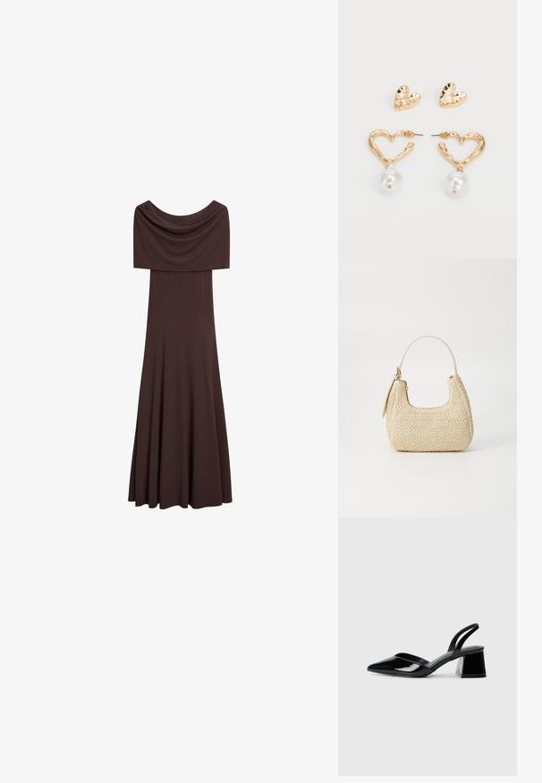 Massimo Dutti - Sukienka etui; Czarne lakierowane półbuty na obcasie z wydłużonym noskiem i geometrycznym słupkiem. Charakteryzują się eleganckim, minimalistycznym designem oraz gładką fakturą.; Torebka z plecionego słomy w odcieniu beżowym o zaokrąglonym kształcie, z krótkim uchwytem i bocznym zamkiem błyskawicznym. Posiada teksturowaną powierzchnię i minimalistyczny design.; Złote serduszka kolczyki w kształcie serca o teksturowanym wykończeniu, z zawieszką w postaci perły. W zestawie również pasujące kolczyki wkręty w kształcie serca.