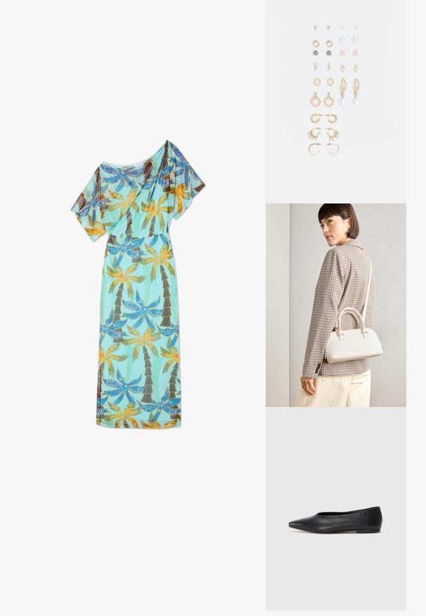 Lang, flytende kjole laget av lett materiale, med en turkise farge og et livlig mønster av palmer og blomster. Har korte ermer.; Sorte lærballerina med spiss tå, minimalistisk design, glatt tekstur, lav hæl uten synlig metall eller dekorasjoner.; Hvit strukturert håndveske med korte håndtak og skulderreim, med detaljer i gullfinish og teksturert materiale, vist mot en grå bakgrunn.; Sett med gullfargede øredobber med ulike design, inkludert stikkere, hoops og hengende deler med perler og rhinestones.