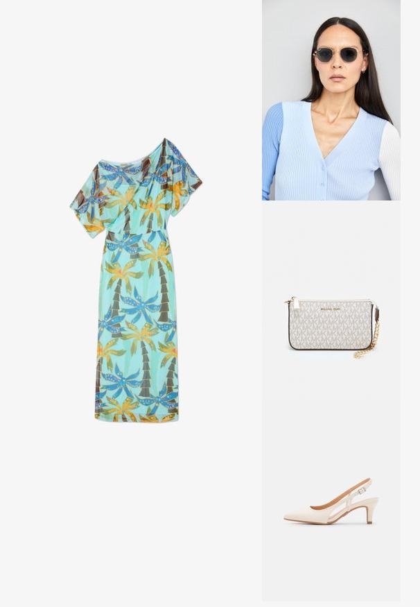 Dolga, lahkotna obleka iz lahkega materiala, v turkizni barvi z živahnim vzorcem palm in cvetja. Ima kratke rokave.; Bela slingback peta z ostrim nosom, gladka zgornja prevleka, nizka blok peta in zasnova z stranskimi izrezi ter nastavljivim trakom z zaponko.; Okrogle sončna očala s temnimi lečami in zlatimi okvirji. Model nosi svetlo modro, rebrasto jakno s gumbi in belimi rokavi v kontrastni barvi.; Michael Kors denarnica v bež lakiranem platnu z mišičnim vzorcem ponavljajočega se logotipa MK, z zlatim okovjem in snemljivo verižico.