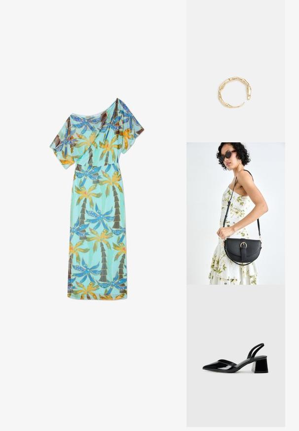 Dolga, lahkotna obleka iz lahkega materiala, v turkizni barvi z živahnim vzorcem palm in cvetja. Ima kratke rokave.; Črne lakirane slingback pete s koničastim nosom in geometrijsko blokasto peto. Imajo eleganten, minimalističen dizajn in gladko teksturo.; Črna usnjena torbica s ukrivljeno obliko, z odstranljivo naramnico in zlatimi dodatki. Torbica ima pokrov s podrobnostmi v obliki zaponke.; Zlati prstan s organskim, zvitim dizajnom, gladko površino in taperiranimi konci, ki ustvarja modernega, skulpturalnega videza.