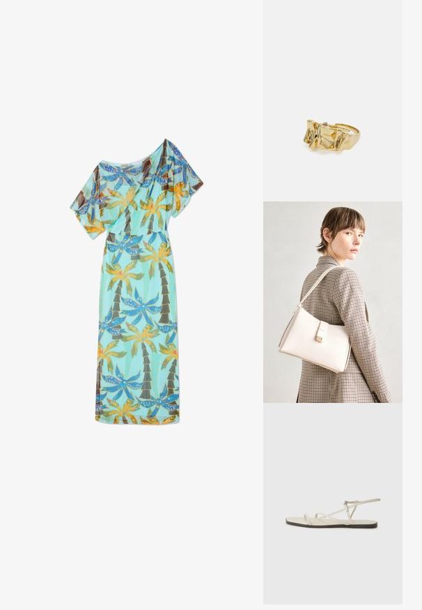 Garā, plūstoša kleita no viegla auduma, ar tirkīza krāsu, kas rotāta ar dzīvīgu palmu un ziedu rakstu. Ietver īsas piedurknes.; Bežīgas plakanas čības ar vairākiem plāniem siksniņām un regulējamu sprādzi. Zole ir plakana ar nelielu tumšu kontrastu malā.; Balta ādas rokassoma ar strukturētu dizainu, kurai ir magnētiska aizdare un plecu josta, parādīta uz neitrāla fona.; Zelta gredzens ar teksturētu, viļņotu dizainu, kas rotāts ar trim izteiktām virsotnēm. Gluda, spīdīga virsma ar atvērtu joslu, lai to varētu pielāgot.; Zelta gredzens ar teksturētu, viļņotu dizainu, kas rotāts ar trim izteiktām virsotnēm. Gluda, spīdīga virsma ar atvērtu joslu, lai to varētu pielāgot.