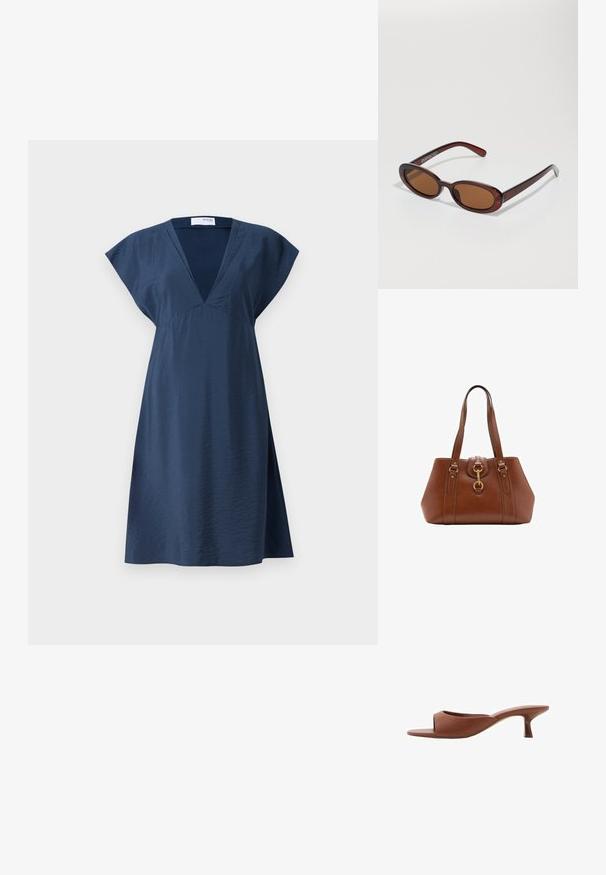 Tamnoplava haljina od lagane tkanine, s dubokim V-izrezom, kap rukavima i opuštenim A-linijskim oblikom. Glatka tekstura bez vidljivih uzoraka.; Smeđe sandale s otvorenom nožnom prstom i potpeticom, s glatkom, mat završnom obradom, koje imaju zakrivljen dizajn i prozirnu, suženu potpeticu.; Okvir okruglih, smeđkastih sunčanih naočala s sjajnim burgundskim okvirom. Uski nositelji s suptilnim brendiranjem. Ravna leća.; Smeđi kožni ručni torbica s dvostrukim trakama, okruglog oblika, zlatnim hardverom i središnjim detaljem kopče. Glatka tekstura s ušivenim detaljima.