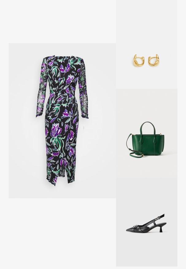 Diane von Furstenberg VIVIANNE DRESS - Nappali ruha - black/multicoloured; Fekete bőr slingback cipő hegyes orral, dekoratív pántokkal, fém szemekkel és alacsony blokk sarkú. Texturált felület.; Zöld textúrált bőrtáska dupla fogantyúval és levehető vállpánttal. Arany hardver és jól megtervezett forma jellemzi.; Arany karika fülbevalók sima, lekerekített kialakítással, fényes felülettel. A fülbevalók kompakt, tömzsi formájúak, és zökkenőmentes kapoccsal rendelkeznek.