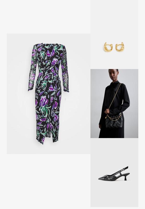 Diane von Furstenberg VIVIANNE DRESS - Dienas kleita - black/multicoloured; Melnas ādas šlipsveida kurpes ar norādītu purngalu, dekoratīvām joslām ar metāla acīm un zemu bloku papēdi. Teksturēta virsma.; Melna kvadrātveida ādas rokassomiņa ar salocītu augšu, zelta ķēdes siksnu un taisnstūra formu, turēta pret vienkāršu fona.; Zelta auskari ar gludu, noapaļotu dizainu un spīdīgu apdari. Auskariem ir kompakta, masīva forma un bezšuvju sprādze.