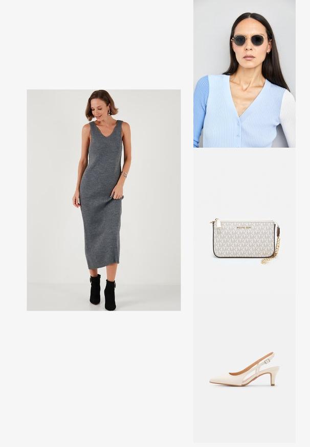 Szürke bordázott kötött midi ruha V-nyakkal, ujjatlan kivitelben és testhez simuló siluettal, bokacsizmával párosítva. Simább textúrájú anyag.; Fehér slingback sarok, hegyes orral, sima felső anyaggal, alacsony blokk sarkával és oldalsó kivágott dizájnnal, állítható csatpánttal.; Kerek napszemüveg sötét lencsékkel és arany kerettel. A modellen világoskék, bordázott kardigán van gombokkal és kontrasztos fehér ujjaival.; Michael Kors bézs bevonatos vászon karkötő, amely ismétlődő MK logó mintával, aranyszínű fémrészletekkel és levehető lánchordóval rendelkezik.