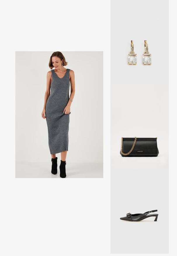 Graues, geripptes Strick-Midikleid mit V-Ausschnitt, ärmellosem Design und figurbetonter Silhouette, kombiniert mit Knöchelstiefeln. Glattes, texturiertes Material.; Schwarzer Leder Slingback-Schuh mit spitzer Zehenform, kleinem Absatz und dekorativem Schnallen-Detail auf dem Obermaterial. Glatte Textur, minimalistisches Design.; Schwarze Leder-Clutch mit einer goldenen Ketten-Trage, die eine glatte Oberfläche, rechteckige Form und geprägtes Branding auf der Vorderseite aufweist.; Ohrringe in Goldfarbe mit einem rechteckigen, durchsichtigen Kristall, der unter einer Reihe kleiner, runder klarer Akzente hängt. Elegantes, modernes Design.