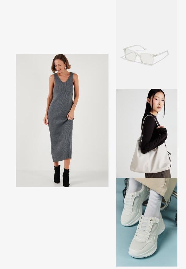 Šedé pletené midi šaty s rib a V výstřihem, bez rukávů a přiléhavým střihem, doplněné kotníkovými botami. Hladká texturovaná tkanina.; Bílé tenisky s materiálem z mešové tkaniny, gumovou podrážkou, bezšňůrovým designem s elastickými pásky a zlatými akcenty.; Průhledné plastové brýle čtvercového rámečku s průsvitnými čočkami, které mají zlaté akcenty na spáncích pro zvýraznění detailů.; Beige kabelka vyrobená z měkkého materiálu, s volným designem, prošívanými detaily a dvěma ramenními popruhy. Vhodná pro každodenní použití.