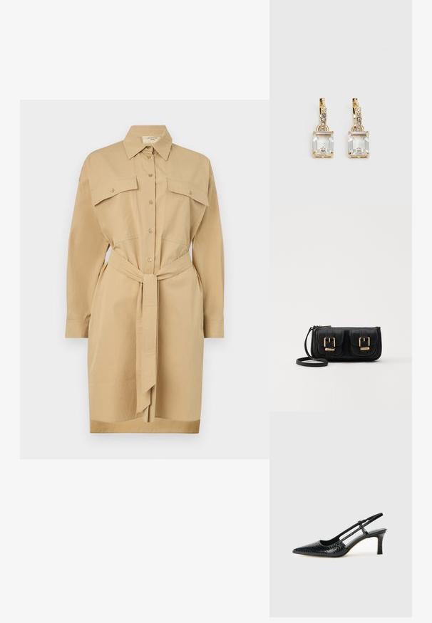 Rochie cămașă khaki cu guler clasic, mâneci lungi, închidere cu nasturi anterior, două buzunare pe piept și o curea care se leagă la talie. Textură de țesătură netedă.; Pantofi cu toc slingback negri din patent, cu vârf ascuțit, cu imprimeu de șarpe texturat, curea ajustabilă și toc scurt texturat.; Geantă neagră din piele, tip crossbody, cu două buzunare frontale, catarame aurii, închidere cu fermoar și o curea subțire. Suprafață texturată și formă rectangulară compactă.; Cercei aurii care prezintă un cristal clar, rectangular, suspendat sub un rând de accente mici, rotunde, clare. Design elegant și modern.