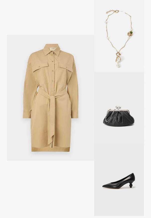 Abito camicia khaki con collo a revers, maniche lunghe, chiusura a bottoni sul davanti, due tasche sul petto e una cintura legata in vita. Tessuto morbido al tatto.; Scarpa con tacco alto in pelle nera, con punta affilata e tacco arrotondato e bombato. Texture liscia con un design elegante e minimalista.; Clutch in pelle nera con texture arricciata, cornice in metallo color argento, chiusura a scatto e tracolla a catena. Superficie liscia e morbida.; Collana dorata con maglie attorcigliate, perle bianche e un accento di pietra verde. Presenta dettagli intricati e una chiusura per l'aggancio.