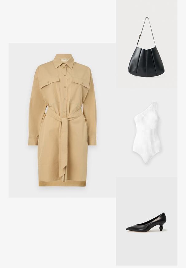 Khakifarbene Hemdkleid mit Kragen, langen Ärmeln, durchgehender Knopfleiste, zwei Brusttaschen und einem selbstbindenden Gürtel in der Taille. Glatte Stoffstruktur.; Weißes, geripptes Ein-Schulter-Bodysuit mit senkrechten Streifen. Glatte Textur und figurbetontes Design, mit einem hochgeschnittenen Bein und minimalem Ausschnitt.; Schwarze Leder-Pumps mit spitzem Zehenbereich und runder, ballförmiger Ferse. Glatte Textur mit einem eleganten, minimalistischen Design.; Schwarze Leder-Umhängetasche mit plissierter Gestaltung, glatter Textur, einem einzelnen Tragegurt und einem dezenten goldenen Hardware-Akzent.