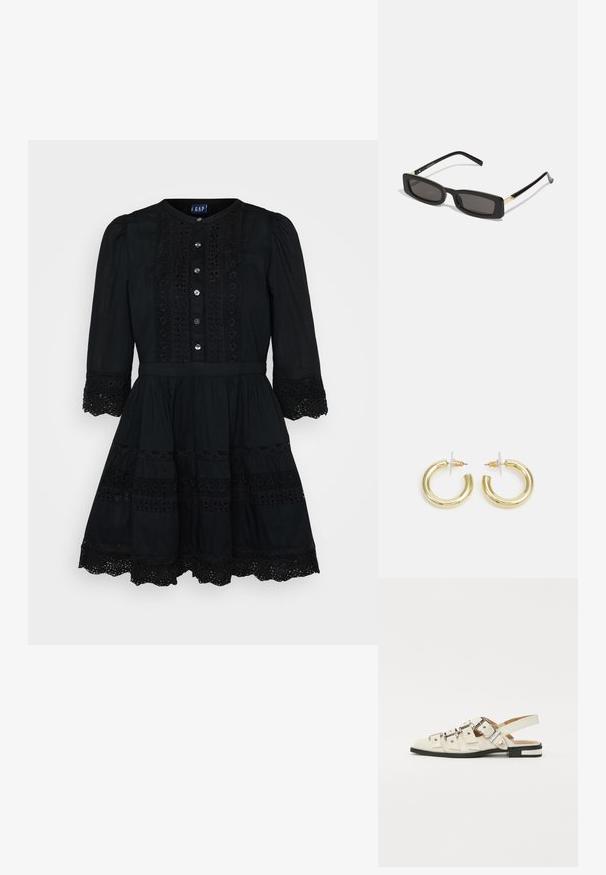 Melnas kokvilnas kleitas ar pilnu svārku, noapaļotu kakla izgriezumu, priekšējiem pogām un mežģīņu dekorācijām uz piedurknēm un apakšmalas. Iezīmēta ar pieguļošu augšu.; Baleta sandalītes baltā ādā ar vairākiem platām siksnām un sudraba sprādzēm; plakana zole ar mazu melnu papēdi un metalizētām akcentiem.; Melnas taisnstūra saulesbrilles ar tumšiem objektīviem, spīdīgām plastikāta rāmēm un zelta akcentiem tempļos. Minimalistisks dizains un eleganta forma.; Zelta auskari ar gludu, spīdīgu apdari. Apaļš dizains, kas ietver mazu tapu un caurspīdīgu pamatni drošai valkāšanai.