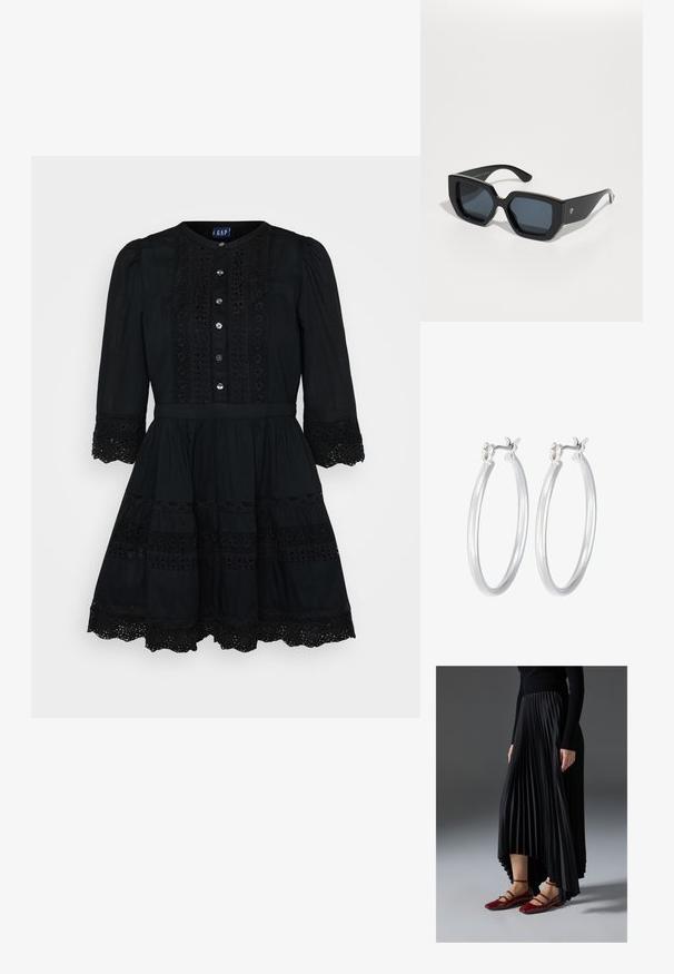 Crna pamučna haljina s punom suknjom, zaobljenim dekolteom, prednjim dugmadima i čipkastim detaljima na rukavima i rubu. Ima prilagođeni korpus.; Crna plisirana suknja s visokim i niskim rubom, uparena s sjajnim crvenim balerinkama s dizajnom trakice. Tkanina ima glatku teksturu.; Crne prevelike sunčane naočale s geometrijskim dizajnom, pravokutnim lećama i sjajnom završnom obradom. Nema vidljivog brendiranja sprijeda.; Srebrne kružne naušnice s glatkom, poliranom površinom. Okrugli oblik i sigurno kopčanje na klik. Lagani dizajn pogodan za svakodnevno nošenje.