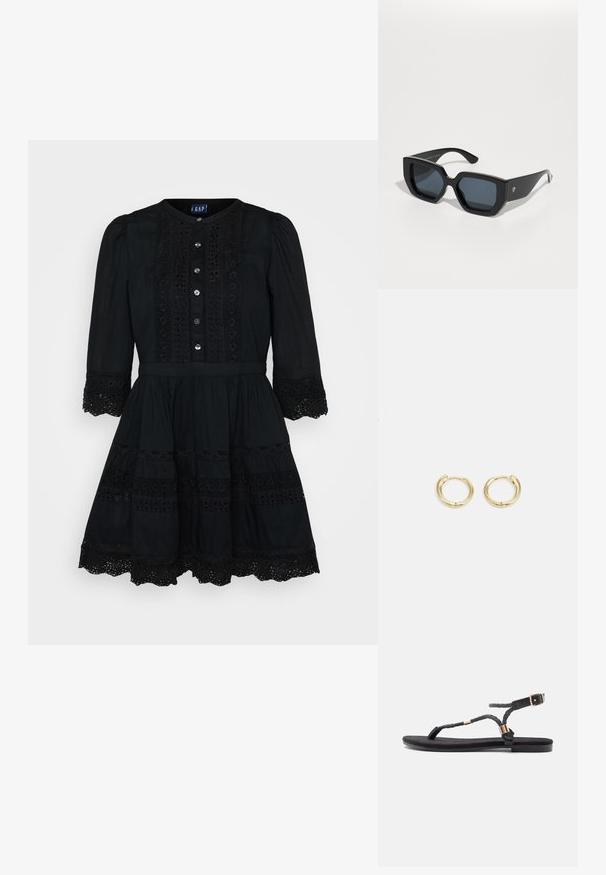 Juodas medvilninis suknelė su pilnu sijonu, apvaliu iškirpimu, priekiniais mygtukais ir nėrinių detalėmis ant rankovių ir apatinio krašto. Suknelė turi prigludusią liemenę.; Juodos plokščios šlepetės su pintomis dirželiais ir metaliniu akcentu. turi reguliuojamą sagtį ir plokščią gumos padą patogumui.; Juodos didelės saulės akinių su geometriniu raštu, stačiakampiais objektyvais ir blizgiu paviršiumi. Nėra matomo prekės ženklo priekyje.; Auksiniai auskarai su sklandžiu, apvaliu dizainu. Savybės: mažas uždarymo mechanizmas, lengvas įvaizdis ir poliruotas paviršius.