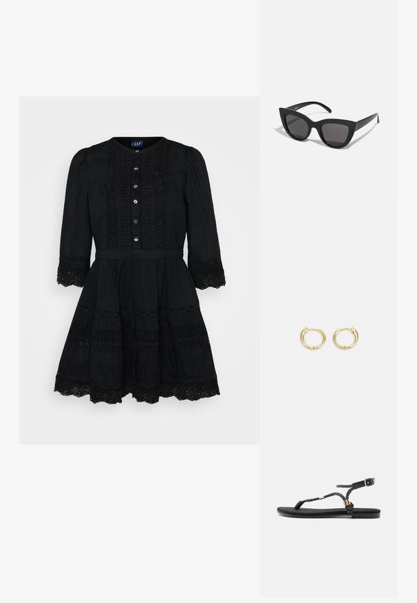 Černé bavlněné šaty s plnou sukní, kulatým výstřihem, předními knoflíky a krajkovými detaily na rukávech a lemu. Obsahují přiléhavé tělo.; Černé ploché sandály s pletenými pásky a kovovým akcentem. Mají nastavitelnou sponu a plochou gumovou podrážku pro pohodlí.; Černé sluneční brýle ve stylu kočičích očí s matným povrchem, vybavené šedými zabarvenými skly, ostrými liniemi a elegantními bočními rameny. Název značky viditelný na vnitřní straně ramene.; Zlaté kruhové náušnice s hladkým, zaobleným designem. Obsahují malou závěsovou sponu, lehký vzhled a lesklý povrch.