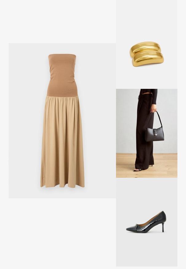 Rihmata vaba maxi kleit, millel on sobiv pruun ülaserv ja voolav khaki seelik. Valmistatud pehmest kangast, millel on kokku kogutud talje.; Must musta korkeakorkoiset kengät läpikuultavasta mustasta mokasta, joissa on teräväpäinen kärki, koristeellinen nauha edessä ja ohut stilettokorko.; Must musta kott, millel on struktureeritud kuju, sile tekstuur ja metallist klamber. Kombineeritud laiate mustade pükstega ja avatud varvaste sandaalidega puidust põrandal.; Kuldse metallist juukseklamber sileda ja ümarat kujundust. Pind on peegeldav, omades ühte seotud kõverat kuju ilma lisakaunistusteta.