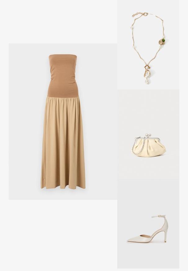 Strapless maxi dress with a fitted brown top and a flowing khaki skirt. Made of soft fabric with a gathered waistline.; White leather high-heeled shoe with a pointed toe, ankle strap, and a slim stiletto heel. Smooth texture with subtle glossy finish.; Pleated beige leather clutch with a silver metal frame, featuring two round decorative clasps and a silver chain strap.; Gold-tone necklace with twisted links, white pearls, and a green stone accent. Features intricate details and a clasp for fastening.
