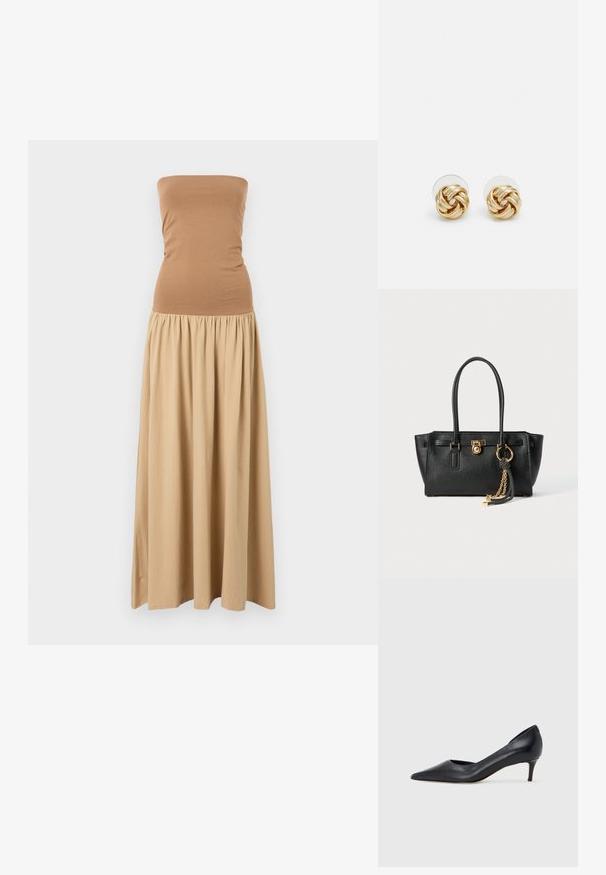 Strapless maxi jurk met een getailleerde bruine top en een vloeiende khaki rok. Gemaakt van zachte stof met een gerimpelde taille.; Zwarte leren pump met een puntige neus en lage hak. Heeft een gladde textuur en een subtiele glans. Open uitsparing aan de voorkant voor extra detail.; Zwarte leren handtas met dubbele handgrepen, gouden slot en kettingdetail, en zwart-witte franjer accent tegen een witte achtergrond.; Gouden knoopstuds met een gedraaide design. Elke oorring heeft een ronde transparante achterkant voor een veilige draagervaring.
