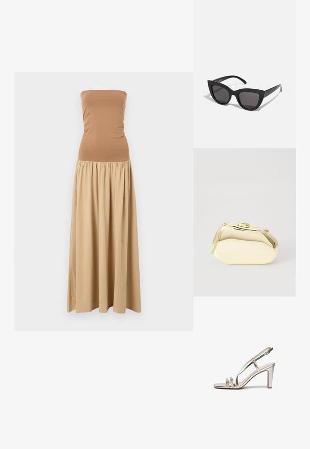 Trägerloses Maxikleid mit einem enganliegenden braunen Oberteil und einem fließenden khakifarbenen Rock. Hergestellt aus weichem Stoff mit einer gerafften Taillenlinie.; Metallisch silberner High-Heel-Sandalette mit offenem Zehenbereich, ausgestattet mit drei dünnen Riemen über dem Fuß und einem Knöchelriemen mit einer Schnalle.; Schwarze Cat-Eye-Sonnenbrille mit matter Oberfläche, grauen getönten Gläsern, scharfen Kanten und schlanken Bügeln. Der Markenname ist auf dem inneren Bügel sichtbar.; Metallisch goldene Clutch mit einer glatten, abgerundeten Form, ausgestattet mit einem oberen Druckknopfverschluss und einem kleinen Kettenriemen zum Tragen.