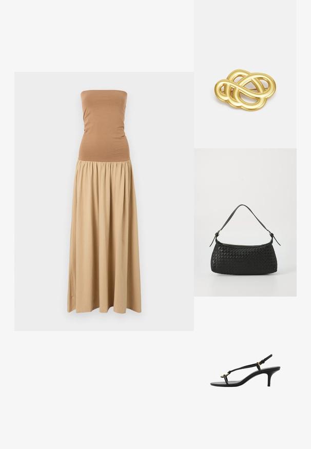 Trägerloses Maxikleid mit einem enganliegenden braunen Oberteil und einem fließenden khakifarbenen Rock. Hergestellt aus weichem Stoff mit einer gerafften Taillenlinie.; Schwarze Leder-Kitten-Heel-Sandale mit dünnen Riemen, goldener Schnalle und minimalistischer Zehen-Schlaufe vor einem weißen Hintergrund.; Schwarze geflochtene Schultertasche mit einem glatten Ledertragegurt und Reißverschluss. Verfügt über eine strukturierte Oberfläche und eine gebogene Form.; Goldfarbener Brosche mit einem geknoteten Design, sanften, geschwungenen Linien und einer filigranen Form, die eine polierte Oberfläche widerspiegelt.