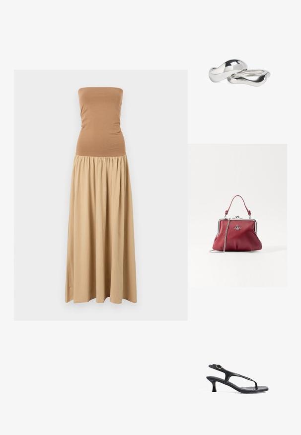 Bešalčio maxi suknelė su aptemptu rudu viršumi ir laisvai krintančia chaki spalvos sijonu. Pagaminta iš minkštos medžiagos su suraitytu liemeniu.; Juodas odinis sandalai su siauru dizainu, plonais dirželiais ir mažu kulniuku. Savo ypatybėse turi sagties akcentą ir lygią tekstūruotą pado dalį.; Raudona odinė rankinė su sidabriniu grandininiu diržu, apvali forma, raukšlėtas dizainas ir metalinė sagtis viršuje. Papuošta logotipo detale.; Du antros sujungti žiedai, pagaminti iš poliruoto sidabro metalo, turintys sklandžius, kreivus kontūrus su blizgiais paviršiais ir atspindinčiais akcentais.