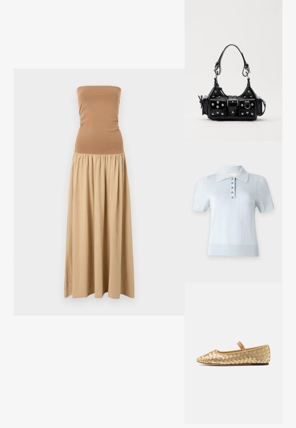 Halterløs maxikjole med en tætsiddende brun top og en svævende khaki nederdel. Fremstillet af blødt stof med en samlet talje.; Lyseblå kortærmet polo skjorte med ribbet tekstur, flad krave og en frontplade med seks matchende knapper.; Loeffler Randall LEONIE SOFT BALLET FLAT - Ballerinasko m/ rem - gold; Sort læderhåndtaske med et buet design, prydet med sølvfarvede nitter, en spænde og to sidelommer. Justerbar rem til forskellige bære muligheder.